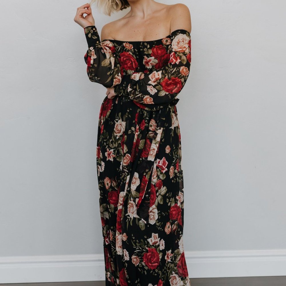 Avery Black Floral Off Shoulder Maxi Dress